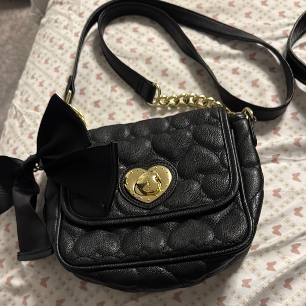 Betsy Johnson Black Quilted Crossbody Bag with Bow Accent